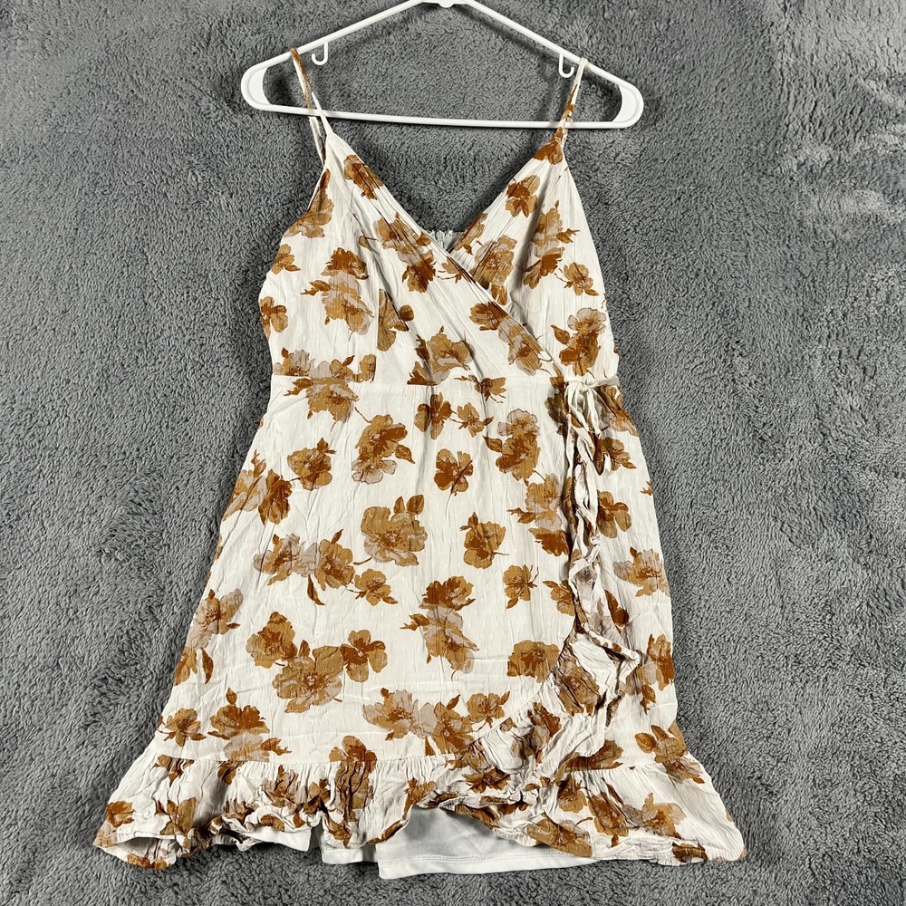 Altar'd State Mini Wrap Dress Womens L White Brown Floral Lined Spaghetti Strap